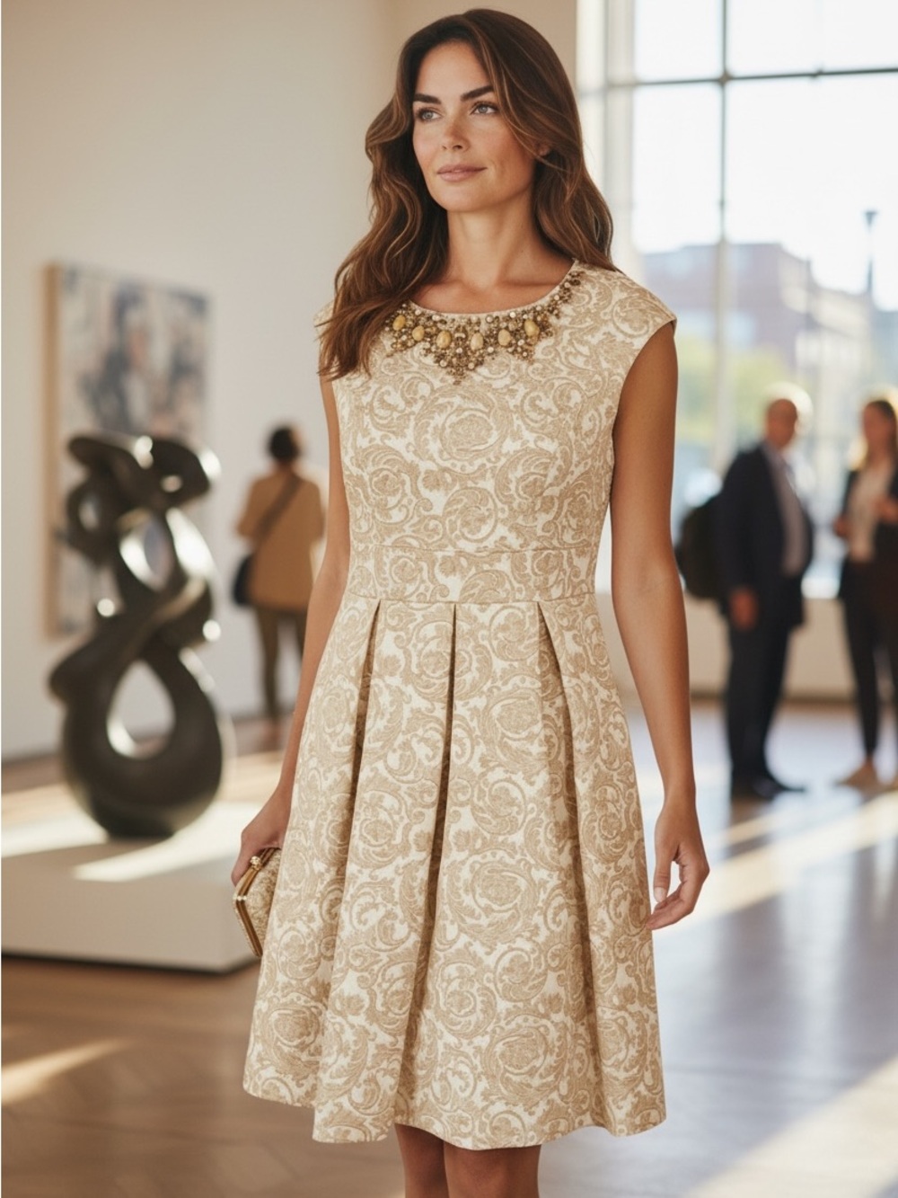 Eliza J Champagne Brocade Fit & Flare Midi Dress with Jewel Neck - Size 6